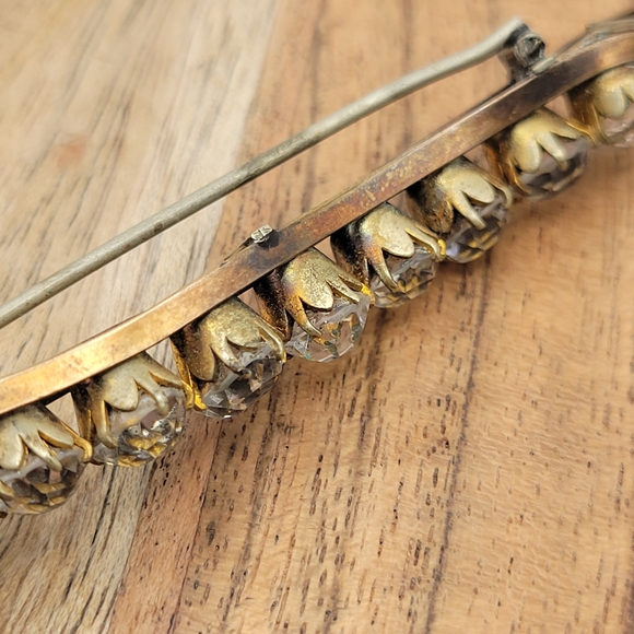 Beautiful Antique Late Edwardian Gold Filled Rhinestone C-Clasp Bar Brooch Pin - Picture 10 of 12